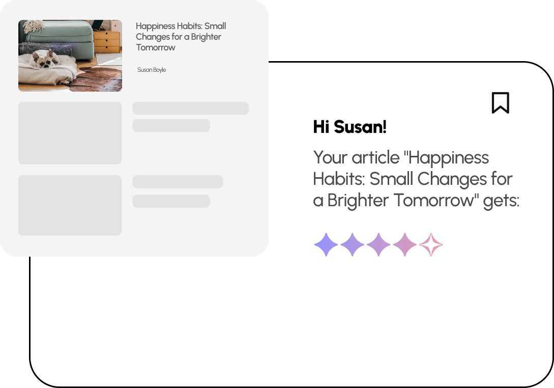 Email notification showing article 'Happiness Habits' with performance stars